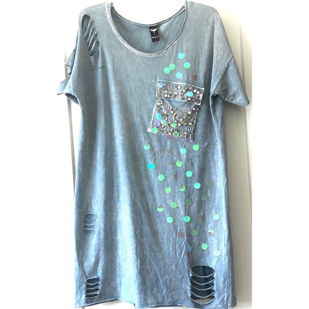 Zarga Distressed Embellished T-Shirt Tunic…